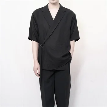 verão 2022 novos homens de Camisa de Manga Curta double breasted escuro roupa solta tendência camisa  5