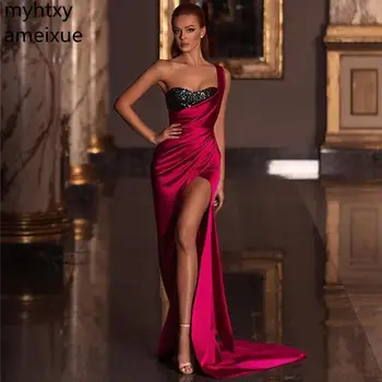 Sexy Um Ombro Vermelho Vestido De Noite Comprido 2023 Lado De Divisão Longa De Baile, Vestidos De Festa Robe De Sarau De Cristal Vestido De Mulher Elegante Vestido  10