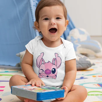 Disney Confortável Recém-Nascido Macacão De Bebê Menina Menino 2023 Novos Produtos Coreia Do Estilo Confortável Tendência Branco Lilo & Stitch Série Padrão De Impressão  5