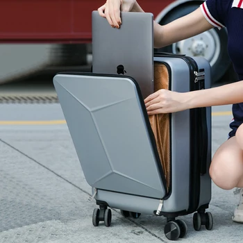 Negócios bagagem abertura frontal do computador de embarque mala para homens e mulheres de moda 20/24 polegadas trolley de viagem mudo a senha de bloqueio  4