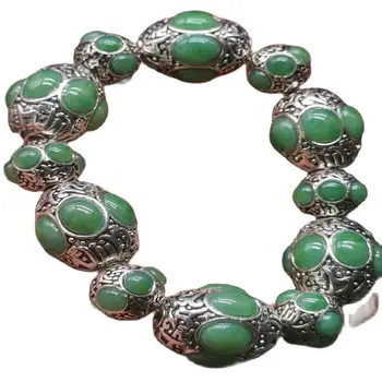 A China Antiga Tibetano Prata Incrustada De Cor Verde Jade, Cordão De Mão Pulseira Corda  5