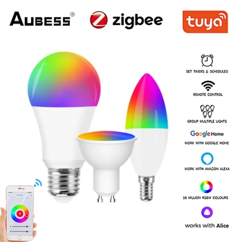 Tuya Zigbee Smart Led Bulbo E27 E14 GU10 Lâmpada RGBCW Compatível Com Alexa Google Assistente Para a Decoração Home Lâmpada Bulbo LED  10