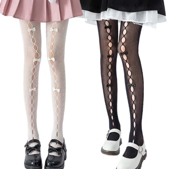 Mulheres Adolescentes Pura Meia-Calça Arrastão Ocos De Renda Doce Bowknot Lolita Kawaii Collants Perspectiva De Meias-Calças Leggings  5