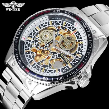VENCEDOR famosa marca de homens relógios mecânicos moda automático esqueleto de homem de pulso, faixa de aço inoxidável relógio masculino  5