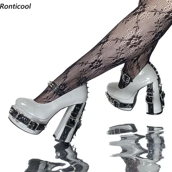 Ronticool Mulheres, Plataforma de Rua Bombas de Patente Chunky Salto Sexy Rebites Dedo do pé Redondo Bom Cinza Festa de Sapatos de Senhoras-NOS Mais o Tamanho de 5 a 15  10