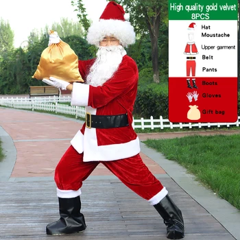 Natal Papai Noel de Ouro de Veludo Homens Traje Chapéu de Barba Roupas 9pcs/Muita Fantasia Vestir No Natal Ternos Adultos 3XL-6XL  5