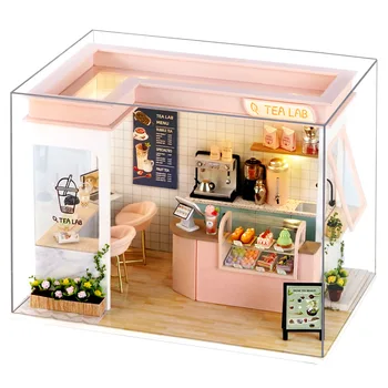 DIY Casa de Madeira Casa de bonecas em Miniatura Kit de Construção de Chá de Leite de Loja de Casa de bonecas Com os Móveis de Fast Food Loja de Brinquedos para Meninas Presentes  5
