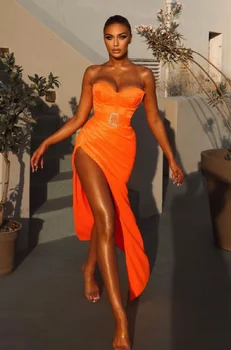 2022 Verão As Mulheres Sexy Off Ombro Barra Pescoço Fenda Laranja Mini Bodycon Vestido De Bandagem De Noite Elegante Clube De Vestidos De Festa  4