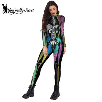 [Você é o Meu Segredo] Halloween Gótico Esqueleto de Festa de Impressão Slim Macacão Macacão de Cosplay Trajes de Zentai Mulheres Bodysuit  5