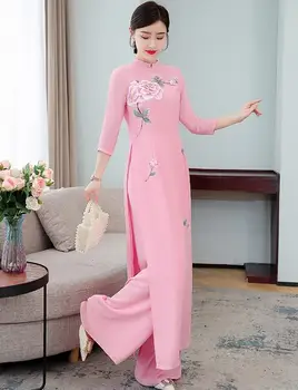 Vietnã Ao dai Cheongsam Mulheres Vestido de Verão Vintage Incluem Calças cor-de-Rosa  5