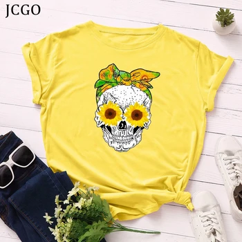 JCGO Verão as Mulheres T-Shirt Versátil 5XL Flor de Algodão Impressão de Crânio Punk Camiseta Feminina Manga Curta Casual de grandes dimensões Tops Tees  10