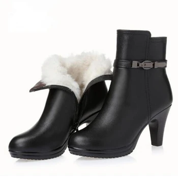 2022 Nova de Outono e de Inverno, Moda de Couro Genuíno de Sapatos de Mulheres Botas de Neve de Lã de Salto Alto Ankle Boots Botas femininas  4