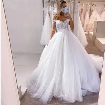 Graciosa Apliques De Renda De Casamento Vestidos Com Cinto De Cetim De Uma Linha De Ombro Fora De Tule Branco Longo Vestido De Noiva Feito De 2021  10