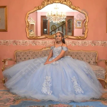 Fora Do Ombro Azul Princesa Vestidos de Quinceanera de Luxo Glitter Prom Vestido Apliques de Flores em 3D Para 15 Meninas Vestidos de baile  10