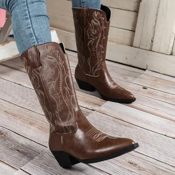As Mulheres Medievais Retro Couro Renascimento Gótico Steampunk Cowboy Sapatos Bordados V Boca Vintage Cavaleiro Meados De Dedo Apontado Botas  5