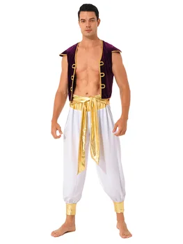 Homens de Arabian Prince dramatização Traje de Halloween Cospaly do Vestido de Fantasia da Bola Roupas Cap Colete Colete com cinto de segurança de Bloomers Calças  5