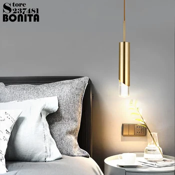 Nórdicos, sala de jantar cabeceira pequena droplight loft de Cobre Cilíndrica de Acrílico LED pendurado lâmpada tubo longo de cristal cordão pingente de luz  4