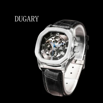 DUGARY Moda mecânico automático homens relógio de 39mm impermeável luminosa Turbilhão quadrado oco de relógio de Pulso com pulseira de Couro  5