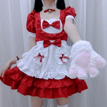 Vermelho Vestido Lolita Japonês Bonito Kawaii Girl Sexy Little Gato Selvagem Empregada Querida Vestido De Cosplay Bow Lolita Vestido Kawaii Vestido  5