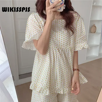 WIKISSPJS coreano Verão Produto Novo Amor Doce Lindo Pijama Mulheres Solta Praça Gola Bebê Camisa Home Terno de Pijamas para Mulheres  10