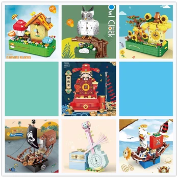 T2024 T2025 T2026 T2027 T2028 Cartoon Relógio De Caixa De Música Coruja Navio Pirata Cogumelo Casa Montada Crianças Blocos De Construção De Brinquedos De Presente  0