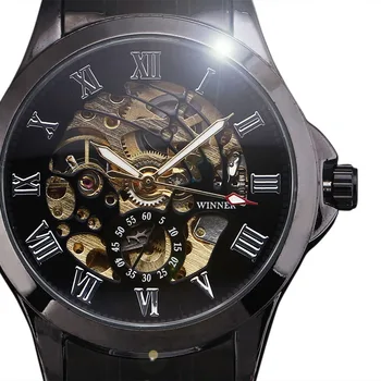 O novo Luxo VENCEDOR Relógio Elegante caixa de Escultura Esqueleto Automático do Relógio Mecânico dos Homens de Aço Banda Vestido Preto Mens Relógios de Pulso  5