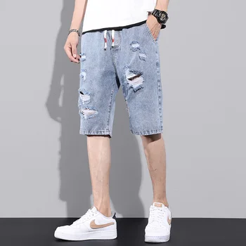 homens jeans de cintura Alta folgado Oversize 5XL shorts jeans denim, calças de perna Larga hip hop ripped jeans casual calças de verão  10