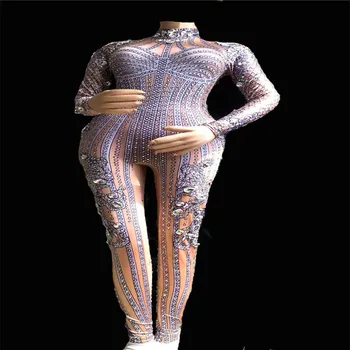 X94 Feminino estágio de dança trajes impresso strass macacão de cristal cintilante bodysuit esticada mulheres collant collants realizar bar  2
