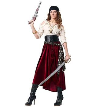 cachecol+ cinto +vestido de mulheres piratas do capitão traje de halloween jogo rpg de cosplay terno medoeval gótico, fantasia vestido das mulheres  4