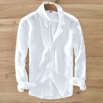 Novo Designer 100% de Linho, Camisa de Manga comprida Homens Casuais do tipo Sólido Branco Botão de Camisas para Homens Topo  10