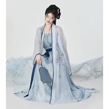 Canção Original Dinastia Melhorado Hanfu Vestido Das Mulheres De Bordado De Alta Qualidade Manto Azul Funda Com Estampa Floral E Gradiente Saia Plissada  5