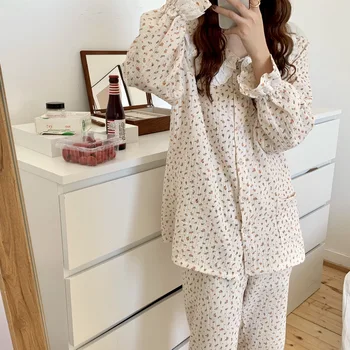 nova estampa floral pijama conjunto de mulheres 100% algodão home terno solto, macio e confortável gola peter pan pijamas homewear 2pcs  5