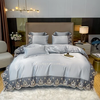 2021 novos produtos de Cetim de Seda Bordado conjuntos de cama jogo de cama casal queen king size capa de edredão de cama de folha de definir fronha 4Pcs.  5