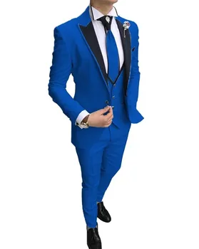 2021 De Chegada Dos Padrinhos Pico De Lapela Do Noivo Smoking Azul Royal Festa Homens Ternos De Casamento Melhor Homem De Paletó (Casaco+Calça+Colete)  5