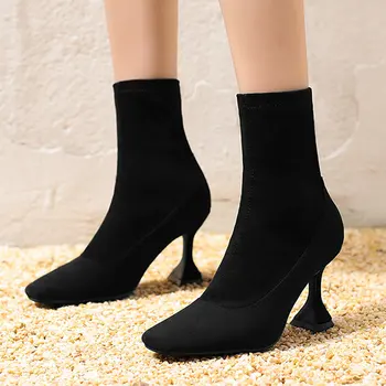 2021 de Outono, Moda de Couro de Veludo Mulheres Ankle Boots Dedo do pé Quadrado Sexy Copo de Vinho Salto de Elástico de botas de Inverno Quente Senhoras Botas  10