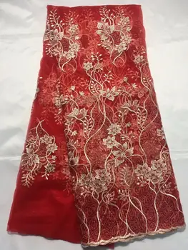 5Yards/pc venda Quente flor vermelha design francês net laço de tecido de ouro e de seda bordado africana de malha de renda para vestido QN96-8  5