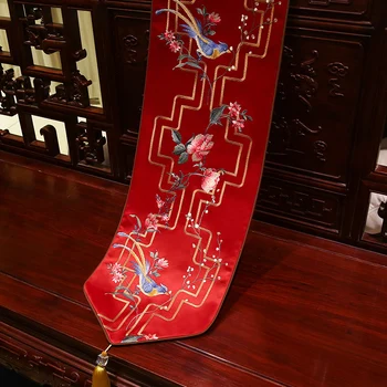 Aves Florais Bordados Corredores de Mesa Estilo Clássico Chinês de Alta qualidade de Ouro Azul Tabela de Cobre Casa de Jantar Mesa de Cobre  10