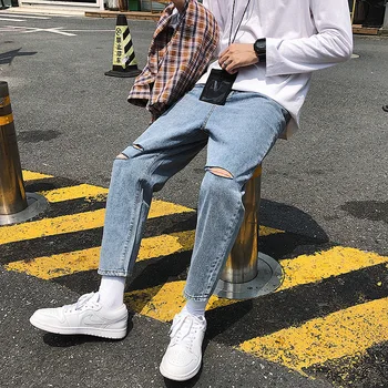 Calças de brim dos homens soltos perna reta coreano tendência de estilo de Hong Kong estilo de corte largo mão, punho de botão casual calças  10