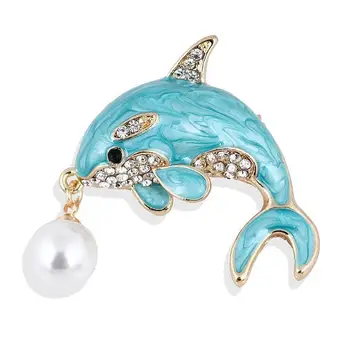 Venda quente blue dolphin pingente de pérola insígnia broche gota de óleo de esmalte de diamante buquê de paletó acessórios pin jóias  0