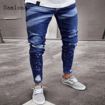 Samlona Homens Sexy Jeans Casual magro Buraco Rasgado as Calças da Moda 2020 Europeu e Americano estilo Motociclista Hip Hop Calça de algodão  5