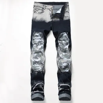 Homens de moda jeans trendyol streetwear Punk motocicleta rasgado empilhados patchwork jeans masculino  5