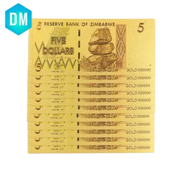 5 Dólar Colorido de Ouro de Notas 24k 999.9 Banhado a Ouro Zimbábue Dinheiro de Papel Artesanato em Metal Dourado Dinheiro Falso 10pcs  0