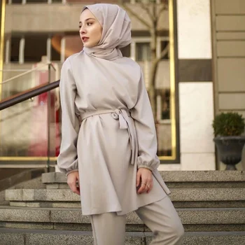 2021 Duas Peças Muçulmano Abaya Dubai Turco Tops, Calças Vetment Femme Hijab Vestido Caftan Kaftans Islã Roupas Djellaba Manto  5