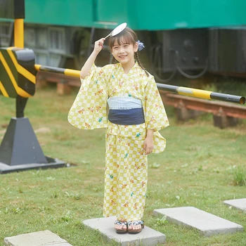 Algodão Japão Estilo Garoto do Quimono de Verão Linda Imprime Menina de Vestido Longo Crianças Realizando Desgaste Fotografia Vestido  5