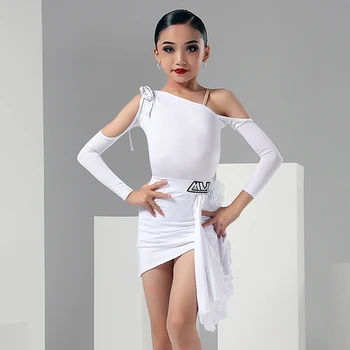 Meninas Branco latina Competição de Dança Rumba Vestido de Roupa de Dança Off-Ombro Bodysuit Saia Irregular Cha Cha Roupa YS4310  3
