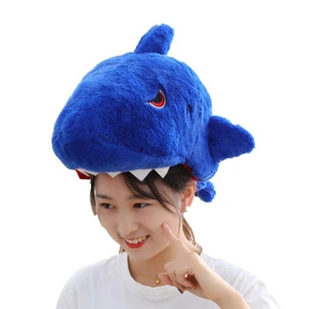 Azul cabeludo da cabeça do tubarão capa chapéu chapéu de pelúcia brinquedo aniversário recheado de pac dom de peixe tubarão  10