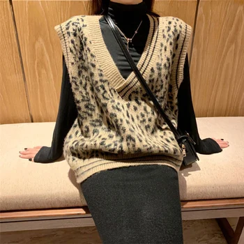 Mulheres Veste Camisola Leopard Malha Colete 2019 Outono Outono Básica Camisolas Sem Mangas Impresso Tops Senhoras De Pescoço De V Relaxar Roupas  10