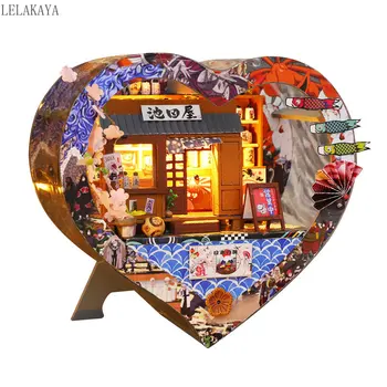 Forma de coração DIY Casa de Boneca 3D de Madeira, de Casa de Boneca com LED Quarto Móveis em Miniatura Kit de peças de Artesanato e Brinquedos Artesanais Presentes de Aniversário  5