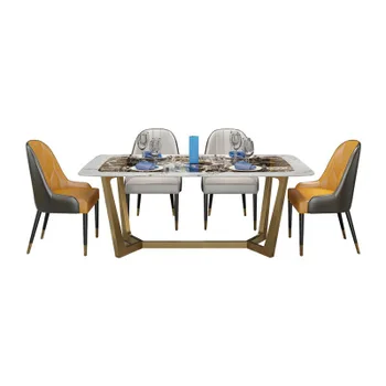 China preço de fábrica conjunto de mesa de jantar de estilo moderno redonda de tampo de mármore de metal girando de mesa giratória com encosto de cadeiras para sala de jantar  5
