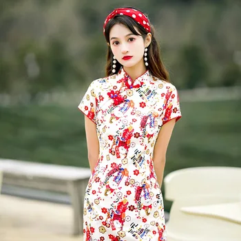 2021 Verão Impresso Tradição Chinesa, o Ano Novo Vermelho Cheongsam Mulheres Retro Cheongsam Vento Restaurar a Versão Melhorada Mini Vestido  5